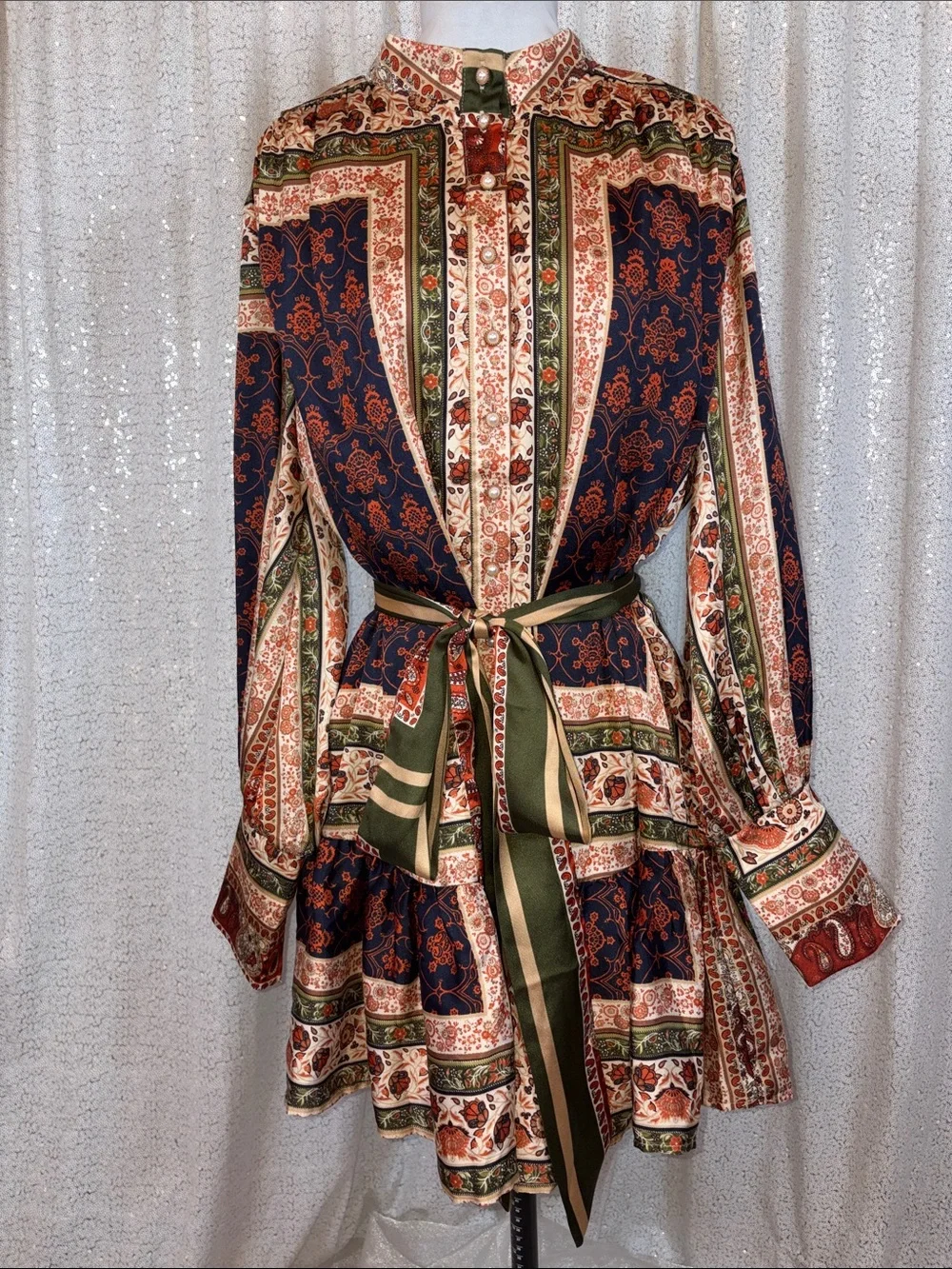 Pearl-Button Bohemian Satin Drop Waist Dress- Olive & Rust - Picture 1 of 7